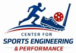 Logo with a person running toward a cleat, baseball and bat