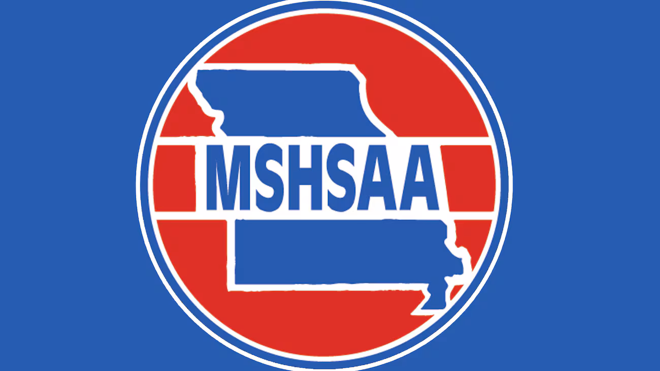 image shows the missouri state high school athletics association logo on a blue background