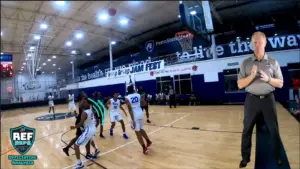 image shows a screenshot of the refreps platform and displays a basketball game and an official looking at the camera