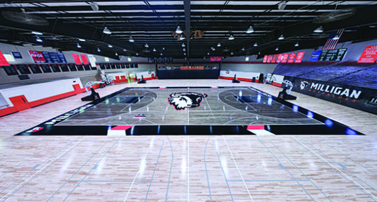 image shows an empty college gymnasium