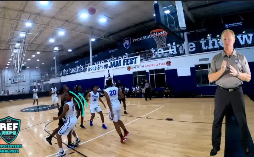 image shows a screenshot of the refreps platform and displays a basketball game and an official looking at the camera